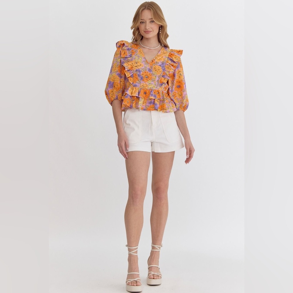 Entro Clementine Ruffled Peplum Blouse Maximalist Purple Orange Floral New Small - Picture 4 of 12